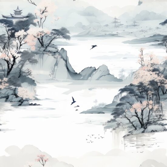 "Serene Ink Wash Zen Gardens" Seamless Pattern