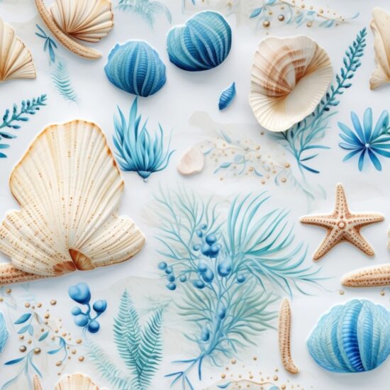 Coastal Watercolor Seashell Treasures Seamless Pattern