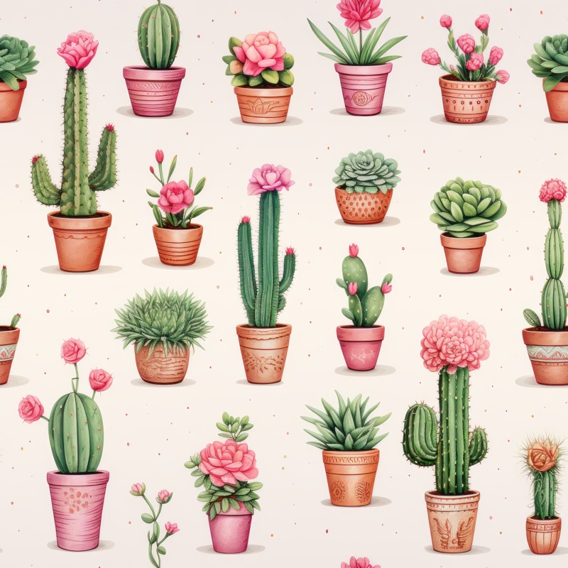 Dusty Pink Cacti in Bloom Seamless Pattern