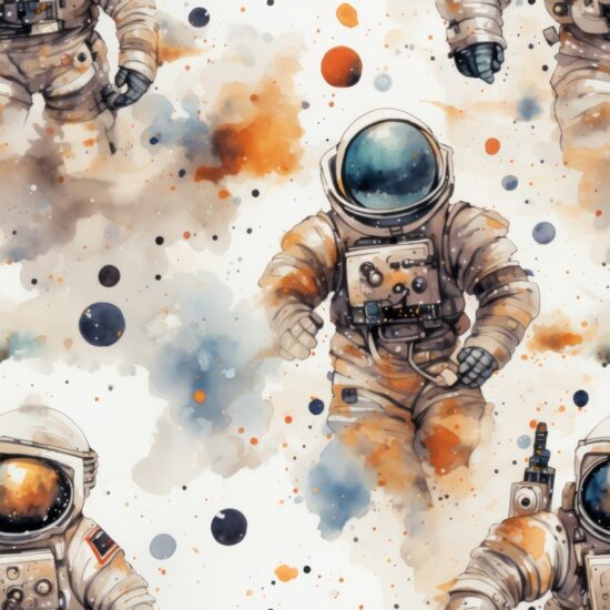 Astronauts in Futuristic Watercolor Galaxy Seamless Pattern