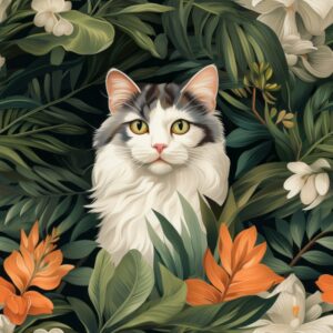 Botanical Cat Floral Painting Design Seamless Pattern