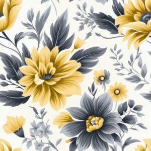 Botanical Elegance: Subtle Grey Damask with Yellow Seamless Pattern