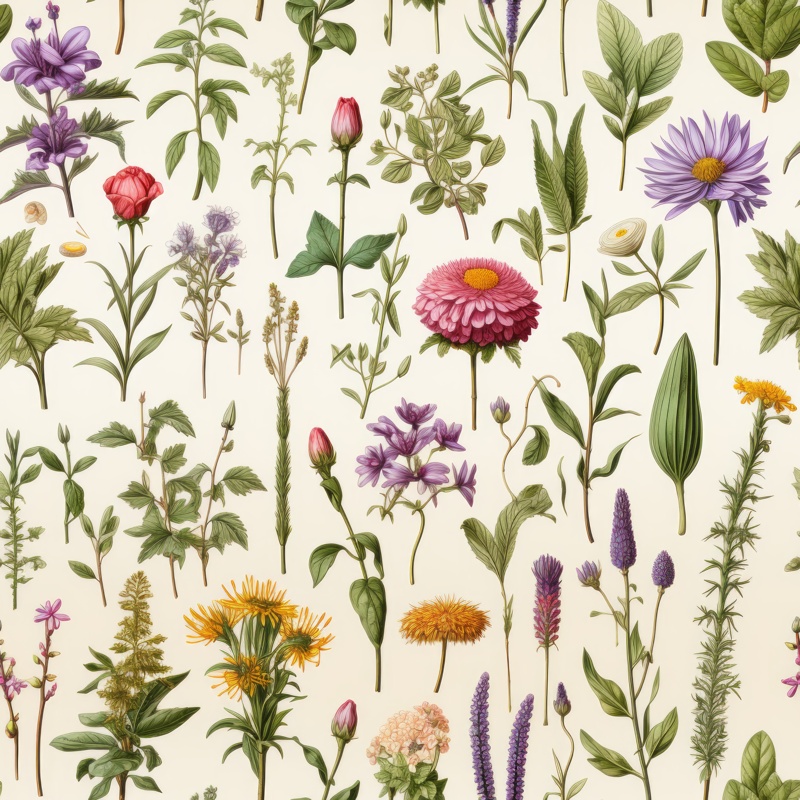 Botanical Herbal Medicinal Herb Illustrations Seamless Pattern