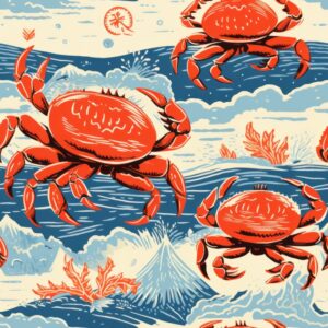 Crab Crawl Seashore Linocut Print Seamless Pattern
