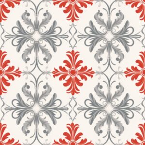 Floral Crosshatching Elegance: Grey and Red Damask Seamless Pattern