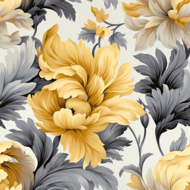 Naturalistic Floral Damask: Clean Grey & Yellow Seamless Pattern