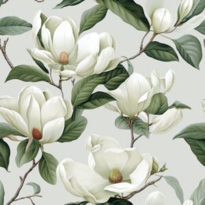 Serene Magnolia Blossom Art: Green & Gray Floral Design Seamless Pattern