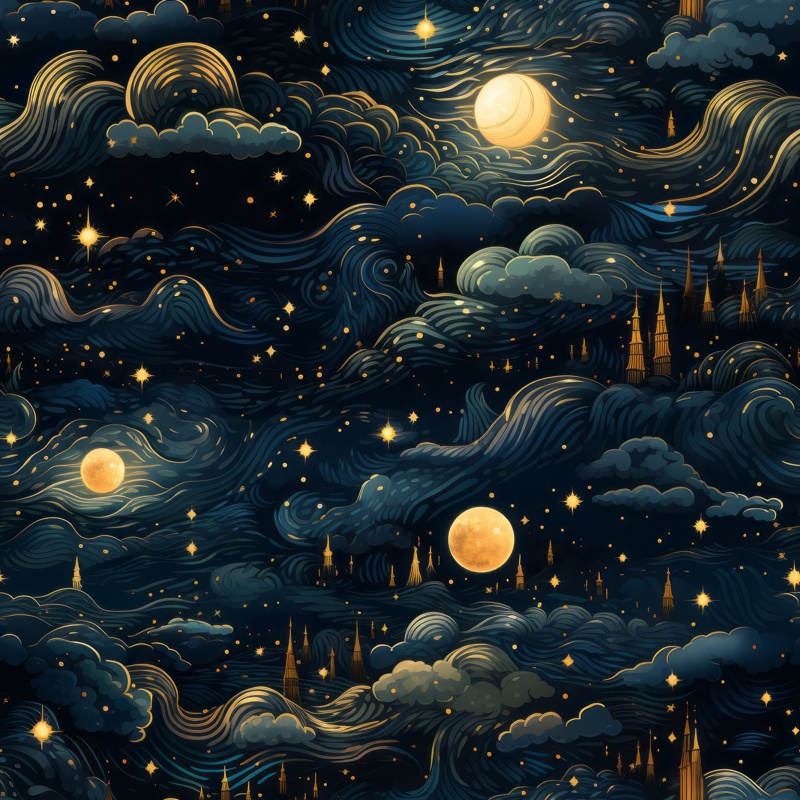 Starlit Night with Fantasy Illustration Seamless Pattern