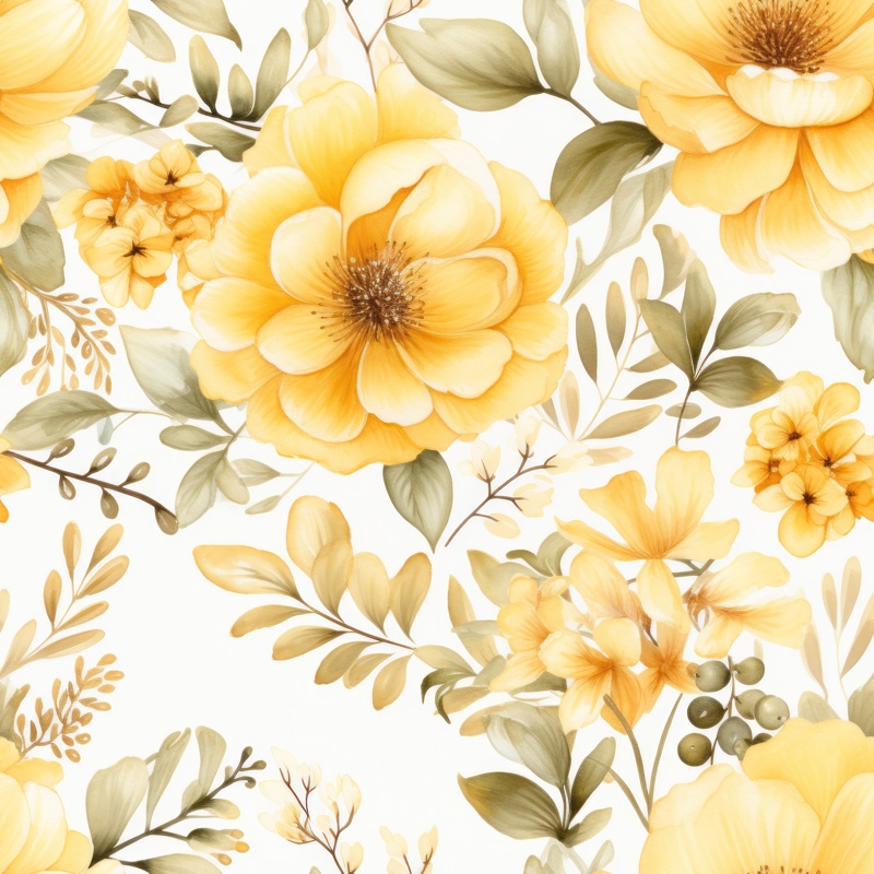 Subtle Yellow Watercolor Floral Blooms Seamless Pattern