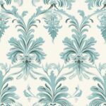 Turquoise Woodcut Damask with Subtle Grey Floral Design Seamless Pattern