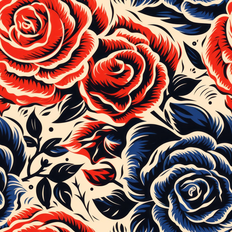 Vintage Rose Linocut Floral Design Seamless Pattern