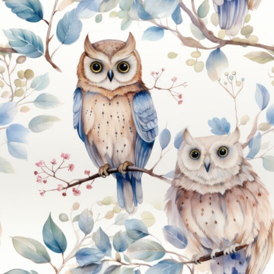 Whimsical Owls in Watercolor Seamless Pattern