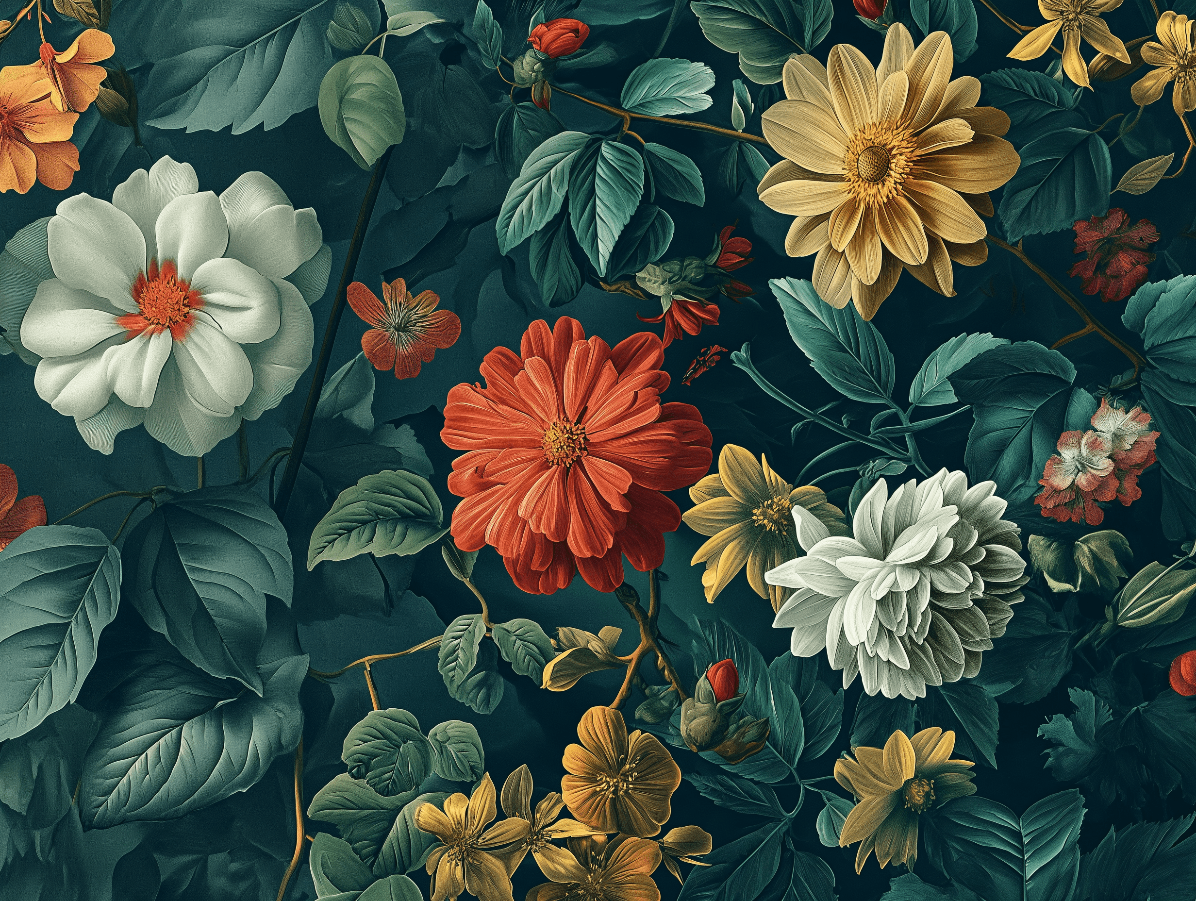 A modern-day wallpaper pattern design blending 19th-century botanical illustrations with modern aesthetics